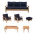 Royal Teak Collection P112NA Miami Deep Seating 6-Piece Teak Patio Conversation Set with Seating, Rectangular Coffee Table & Square Side Table, Navy Sunbrella Cushions