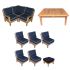 Royal Teak Collection P119NA Miami Deep Seating 8-Piece Teak Patio Conversation Set with Sectional Seating & Square Coffee Table, Navy Sunbrella Cushions