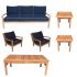 Royal Teak Collection P121NA Coastal Deep Seating 6-Piece Teak Patio Conversation Set with Seating, Rectangular Coffee Table & Square Side Tables, Navy Sunbrella Cushions