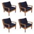 Royal Teak Collection P124NA Coastal Deep Seating 4-Piece Teak Patio Conversation Set with 4 Chairs, Navy Sunbrella Cushions