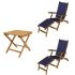 Royal Teak Collection P137NV 3-Piece Teak Patio Conversation Set with Sling Steamer Loungers & 20-Inch Square Folding Picnic Table, Navy Sling