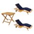 Royal Teak Collection P143NA 3-Piece Teak Patio Conversation Set with Sun Bed Loungers & 20-Inch Square Folding Picnic Table, Navy Sun Bed Cushions