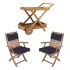 Royal Teak Collection P57NA 3-Piece Teak Patio Conversation Set with 36-Inch Tray Cart & Sailor Folding Arm Chairs, Navy Multi Cushions