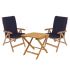 Royal Teak Collection P70NA 3-Piece Teak Patio Conversation Set with 20-Inch Square Picnic Folding Table & Estate Reclining Chairs, Navy Fullback Cushions