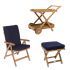 Royal Teak Collection P72NA 3-Piece Teak Patio Conversation Set with 36-Inch Tray Cart, Estate Reclining Chair & Footrest, Navy Cushions