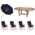 Royal Teak Collection P8NV 6-Piece Teak Patio Dining Set with 60/78-Inch Oval Expansion Table, Navy Umbrella & Estate Reclining Chairs, Navy Fullback Cushions