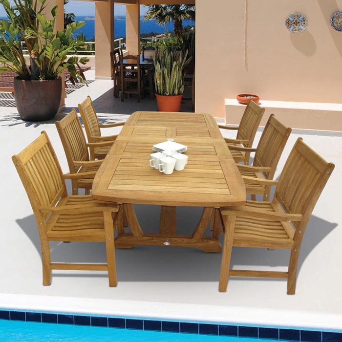Royal Teak Collection P25 7-Piece Teak Patio Dining Set with 64/80/96x39.5-Inch Double Leaf Rectangular Expansion Table & Compass Arm Chairs