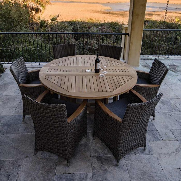 Royal Teak Collection P39 7-Piece Teak Patio Dining Set with 60-Inch Round Drop Leaf Table & Helena Full-Weave Wicker Chairs