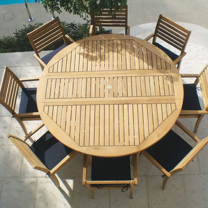 Royal Teak Collection P44 9-Piece Teak Patio Dining Set with 72-Inch Round Drop Leaf Table & Avant Stacking Chairs
