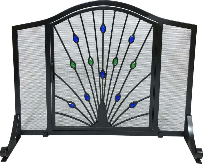 Dagan DG-S162 Wrought Iron Arched Fireplace Screen with Door with Peacock Design, 44x33-Inches