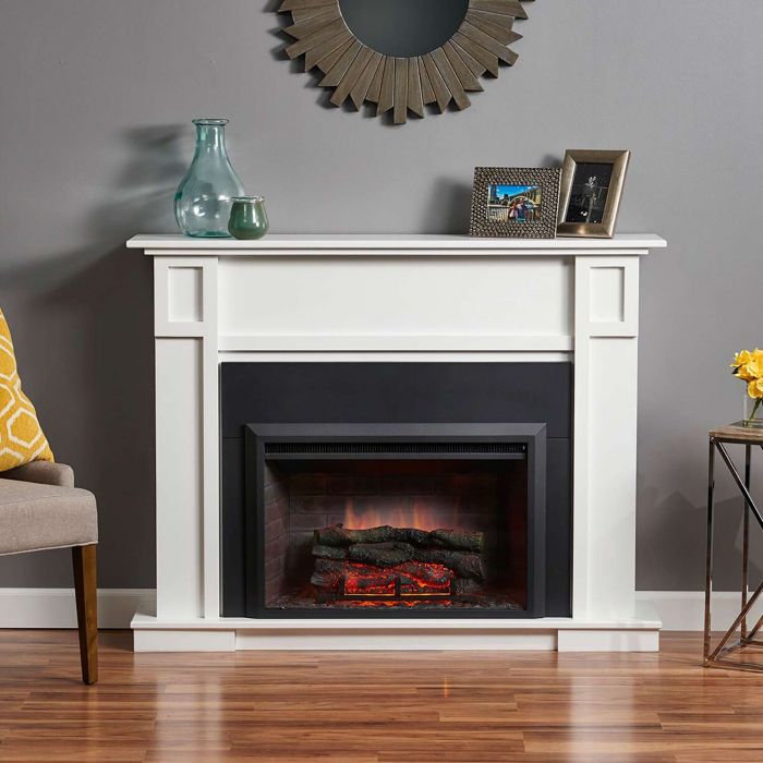 GreatCo Gallery Zero-Clearance Series Insert Electric Fireplace with White Heritage Cabinet in Living Room
