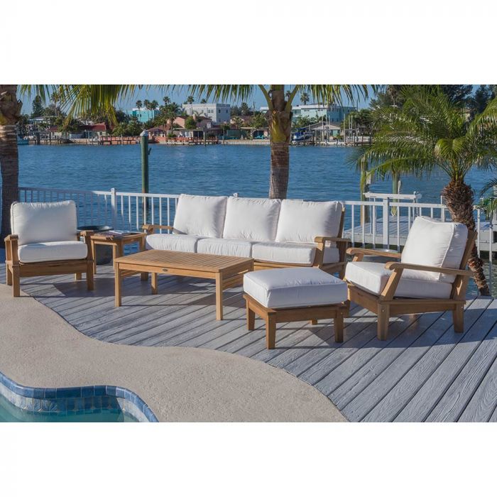 Royal Teak Collection P112 Miami Deep Seating 6-Piece Teak Patio Conversation Set with Seating, Rectangular Coffee Table, Square Side Table & Sunbrella Cushions