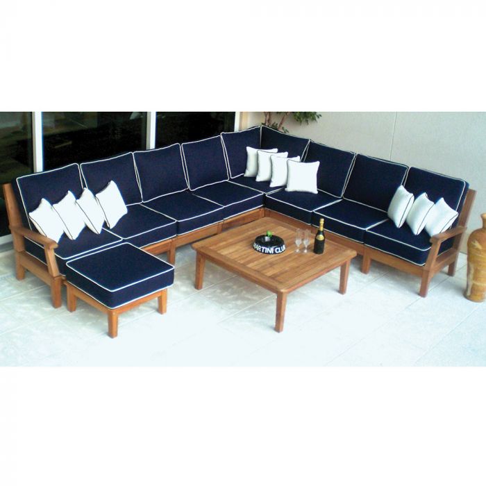 Royal Teak Collection P119 Miami Deep Seating 8-Piece Teak Patio Conversation Set with Sectional Seating, Square Coffee Table & Sunbrella Cushions