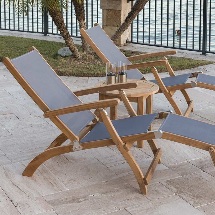 Royal Teak Collection P140 3-Piece Teak Patio Conversation Set with Sling Steamer Loungers & 20-Inch Round Side Table