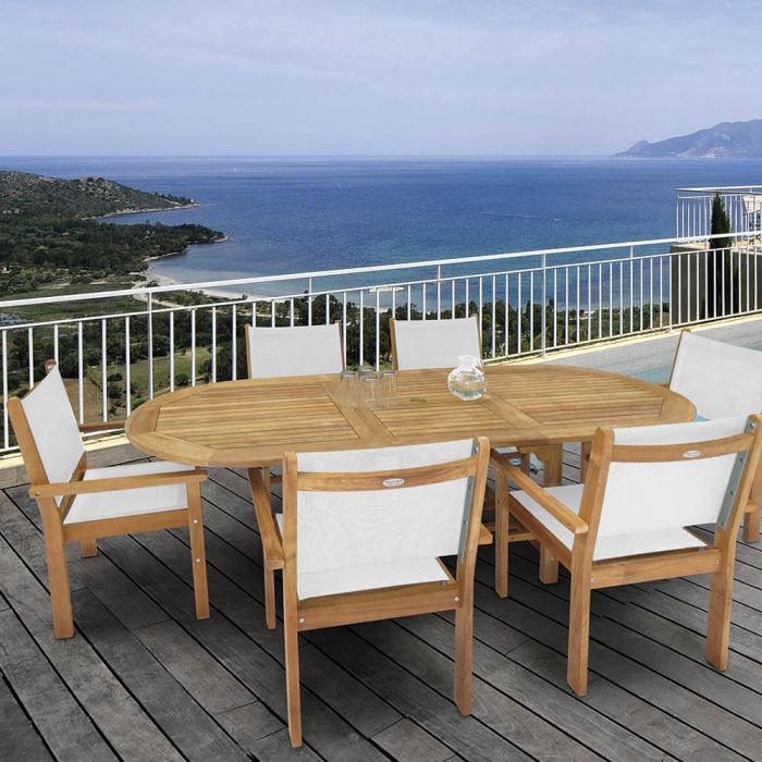 Royal Teak Collection P16 7-Piece Teak Patio Dining Set with 72/96-Inch Oval Expansion Table & Captiva Sling Stacking Chairs