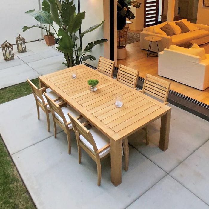 Royal Teak Collection P38 7-Piece Teak Patio Dining Set with 96x44-Inch Rectangular Table & Avant Stacking Chairs