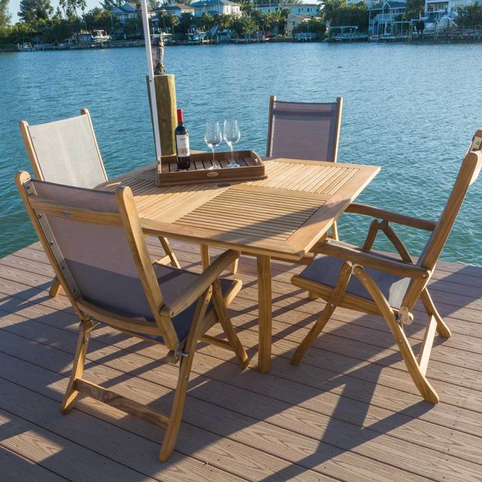 Royal Teak Collection P52 5-Piece Teak Patio Dining Set with 50-Inch Dolphin Square Table & Florida Sling Reclining Chairs