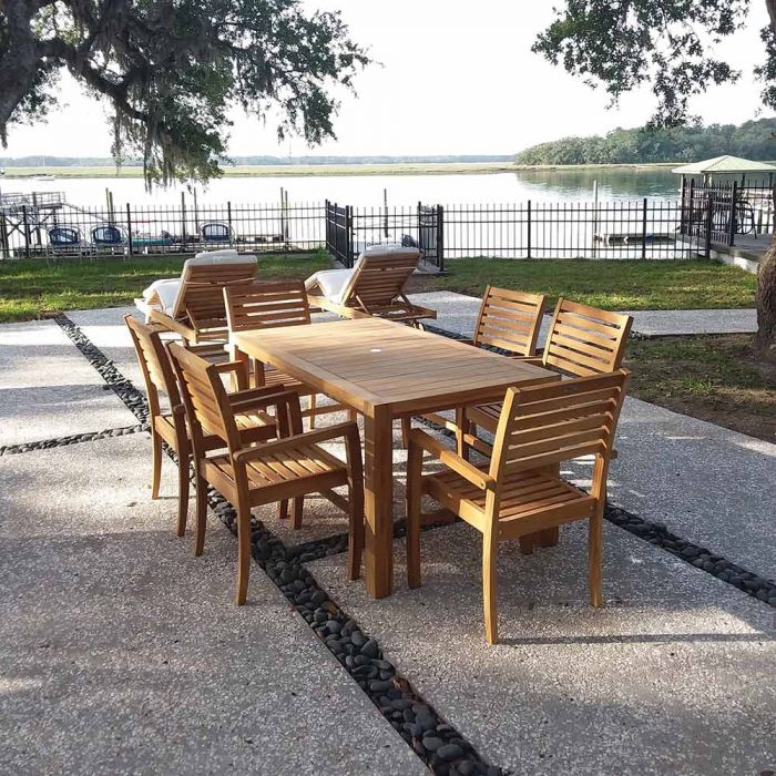 Royal Teak Collection P86 7-Piece Teak Patio Dining Set with 63x35-Inch Rectangular Table & Avant Stacking Chairs