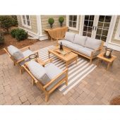 Royal Teak Collection P121 Coastal Deep Seating 6-Piece Teak Patio Conversation Set with Seating, Rectangular Coffee Table, Square Side Tables & Sunbrella Cushions