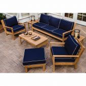 Royal Teak Collection P128 Coastal Deep Seating 7-Piece Teak Patio Conversation Set with Seating, Rectangular Coffee Table, Square Side Tables & Sunbrella Cushions